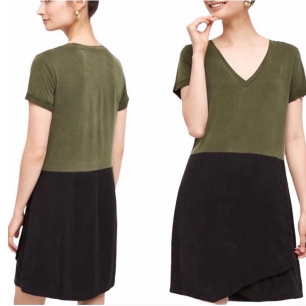 Anthropologie colorblock shift dress olive green‎ V-neck drop waist size medium